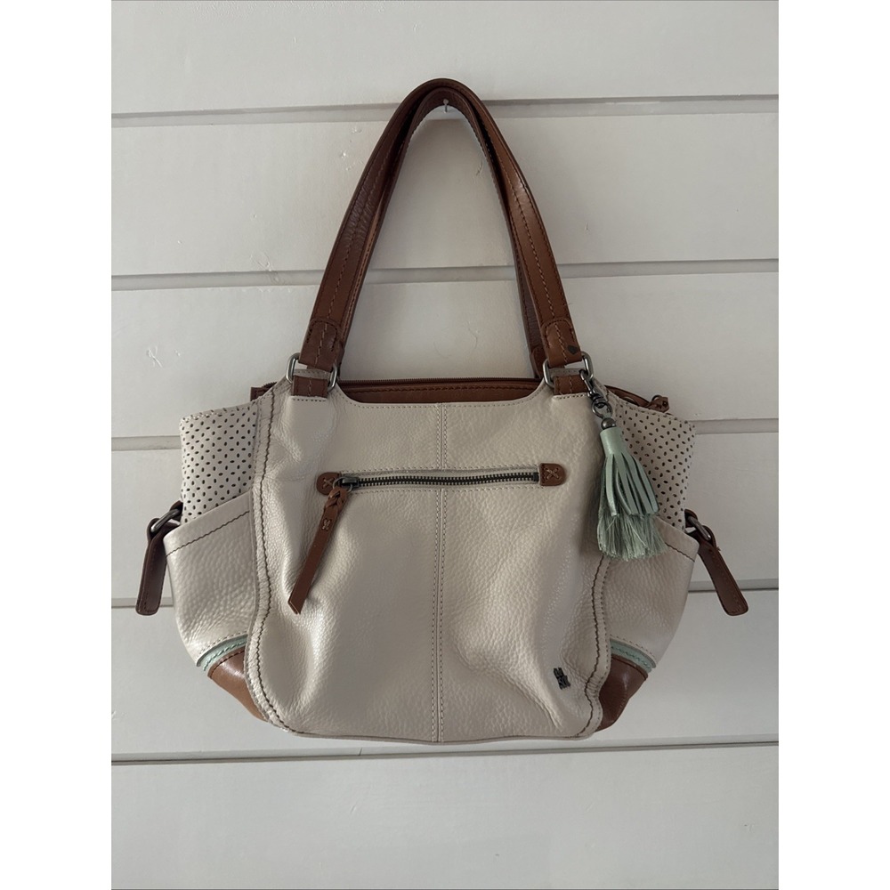 The Sak Cream and Brown Leather Tote with Mint Tassel